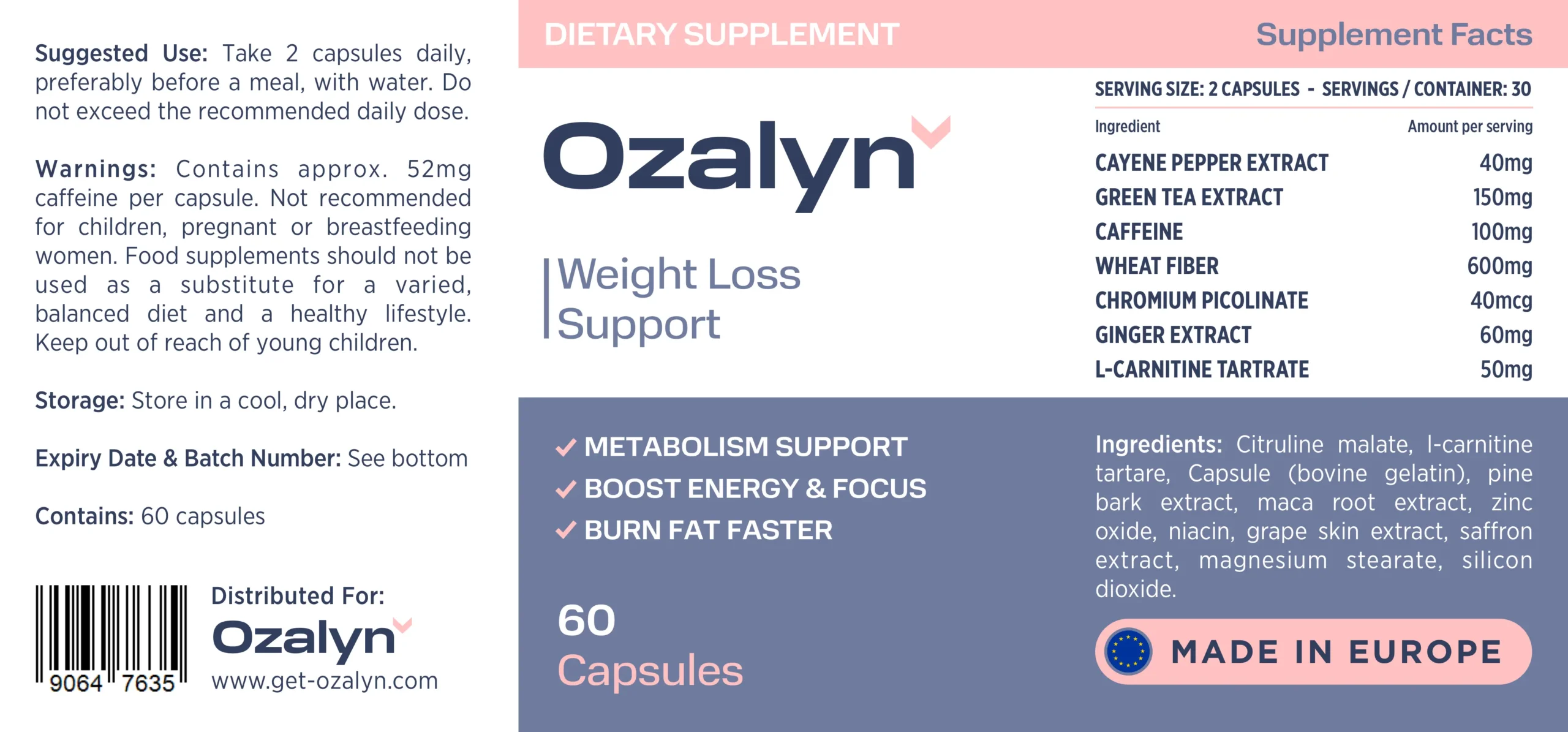 Ozalyn Supplement Facts Label