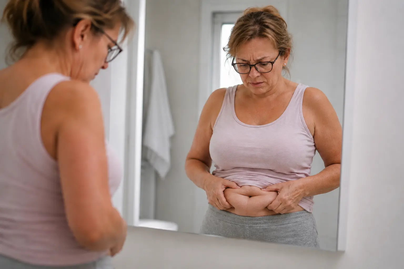 Woman frustrated in front of mirror